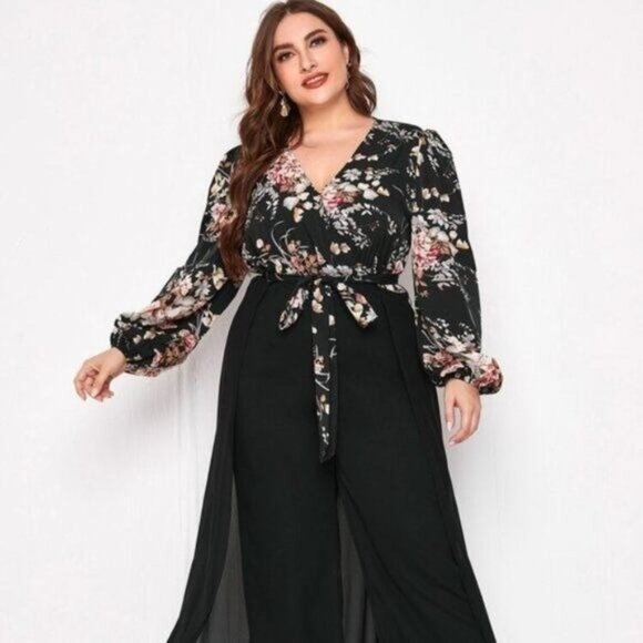 NEW Plus Floral Print Lantern Sleeve Wide Leg Jumpsuit With Skirt Women's Size 2 - Picture 11 of 13
